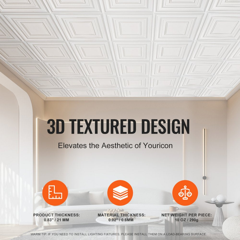 VEVOR Ceiling Tiles, 12-Pack 24 x 24 in, Drop Ceiling Tiles Premium PVC Sheet, Easy Installation/ Cutting Plastic Glue-up Ceiling Tile, Ceiling Covering for Home/Office Decoration, White Peg Pattern