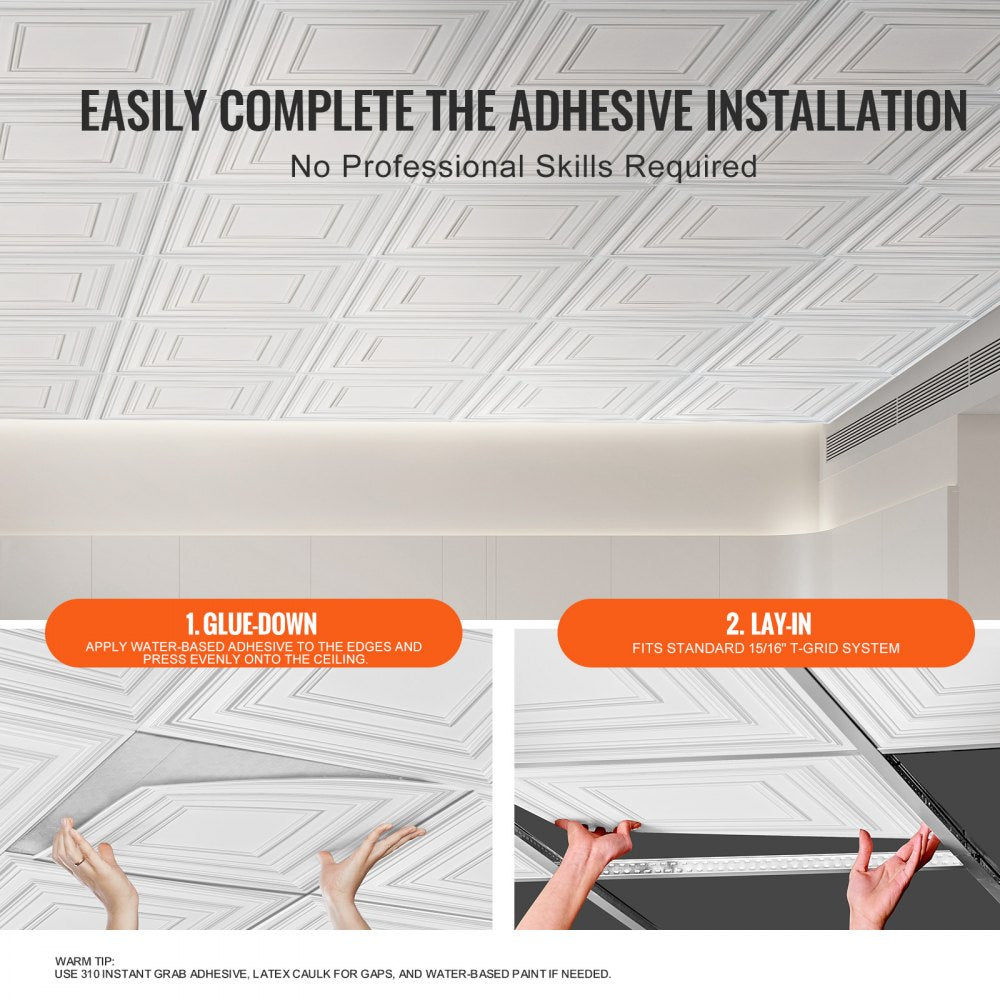 VEVOR Ceiling Tiles, 12-Pack 24 x 24 in, Drop Ceiling Tiles Premium PVC Sheet, Easy Installation/ Cutting Plastic Glue-up Ceiling Tile, Ceiling Covering for Home/Office Decoration, White Peg Pattern