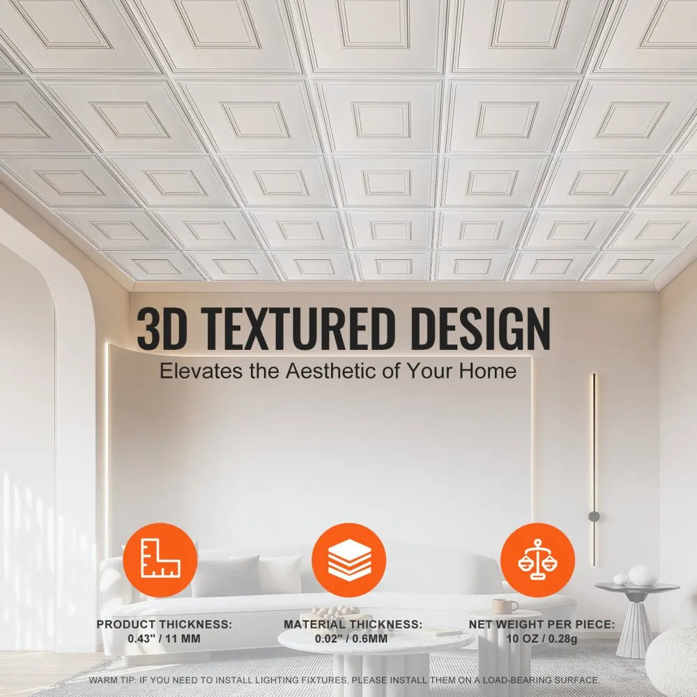 VEVOR Ceiling Tiles, 12-Pack 24 x 24 in, Drop Ceiling Tiles Premium PVC Sheet, Easy Installation/ Cutting Plastic Glue-up Ceiling Tile, Ceiling Covering for Home/Office Decoration, White Geometric