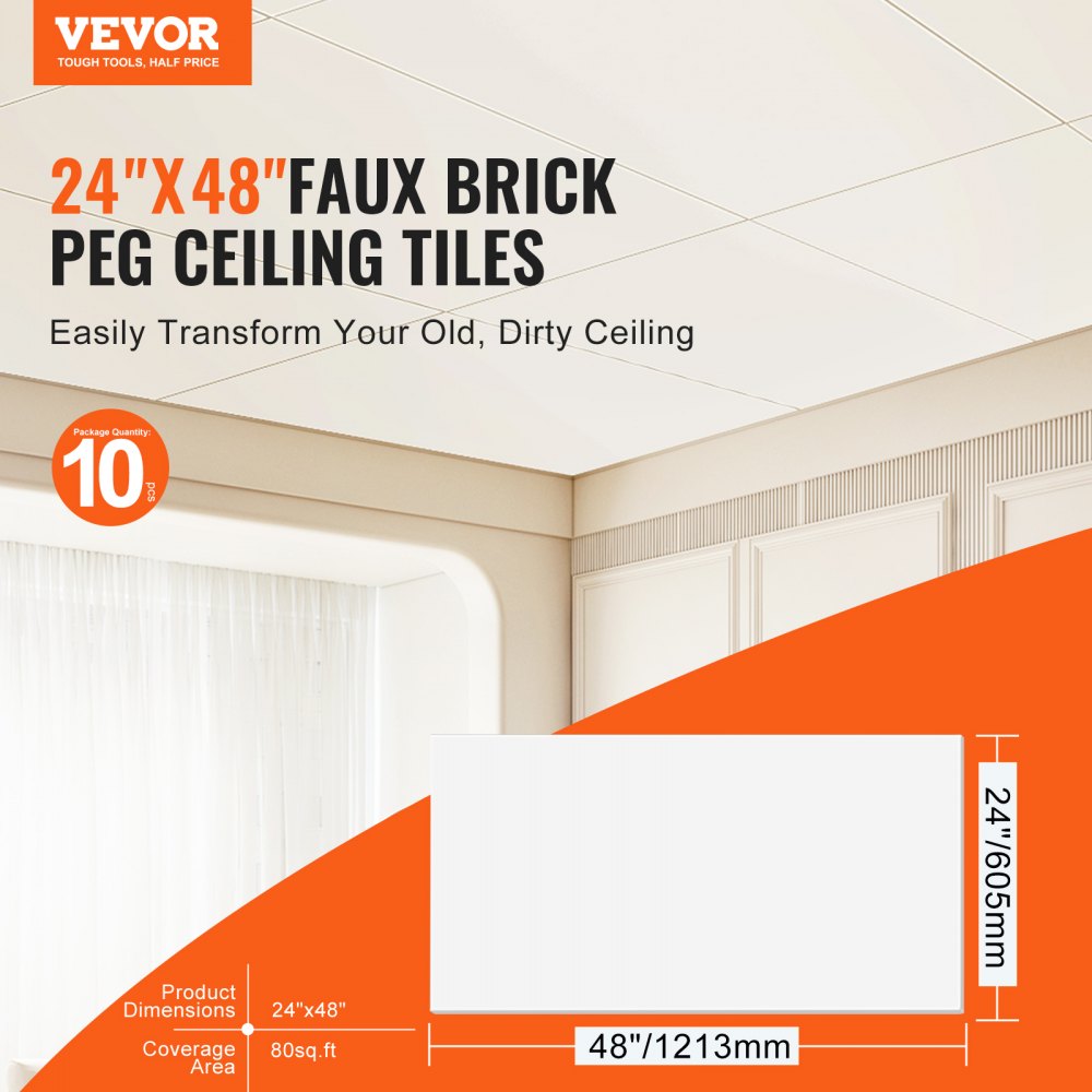 VEVOR Ceiling Tiles, 10-Pack 24 x 48 in, Drop Ceiling Tiles Premium PVC Foam Sheet, Fire-Rated & Good Flexibility & Easy Installation, Ceiling Covering for Home/Office Decoration, Smooth White