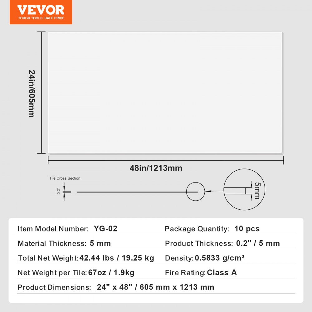 VEVOR Ceiling Tiles, 10-Pack 24 x 48 in, Drop Ceiling Tiles Premium PVC Foam Sheet, Fire-Rated & Good Flexibility & Easy Installation, Ceiling Covering for Home/Office Decoration, Smooth White
