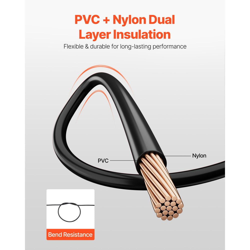 VEVOR 12 AWG THHN Wire, 19-Stranded, 100% OFC Copper Electrical Building Wire with Nylon Jacket, Rated for Up to 600 Volts, for Indoor Outdoor Use, Commercial, Industrial, Residential, Black (100 ft)