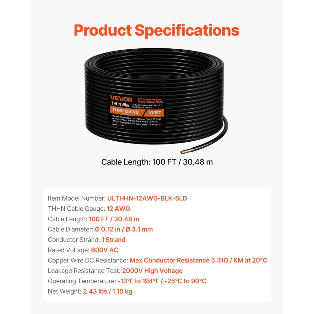 VEVOR 12 AWG Solid THHN Wire, 100% OFC Copper Electrical Building Wire with Nylon Jacket PVC Insulation, Rated for Up to 600 Volts, Heavy-Duty for Residential, Industrial, Commercial, Black (100 Feet)