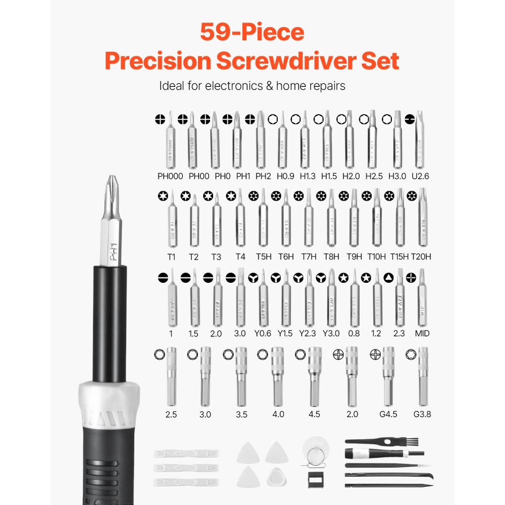 VEVOR Screwdriver Set, 59-Piece Small Precision Screwdriver Set with Phillips, Flat Head, Torx, Pentalobe Bits, Tweezer for Men, Mini Cleaning Repair Tool Kit for iPhone, MacBook, Laptop, Computer