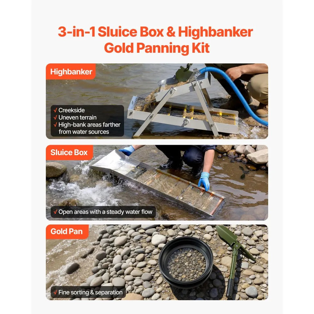 VEVOR Highbanker Gold Panning Kit, 50" 3-in-1 Folding High Banker Gold Sluice Box, 26 PCS Portable Mining Equipment Prospecting Kit with Gold Pans, Classifier Screen, Magnet, Backpack, and Accessories