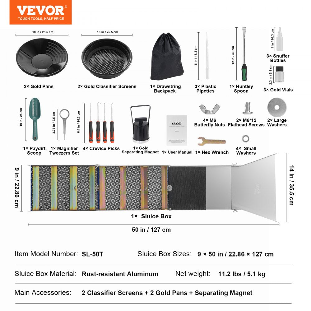 VEVOR Folding Sluice Box Gold Panning Kit,  50 Inch 23pc Gold Prospecting Equipment Kit with Gold Pan, Classifier Screen, Separating Magnet, Backpack and More