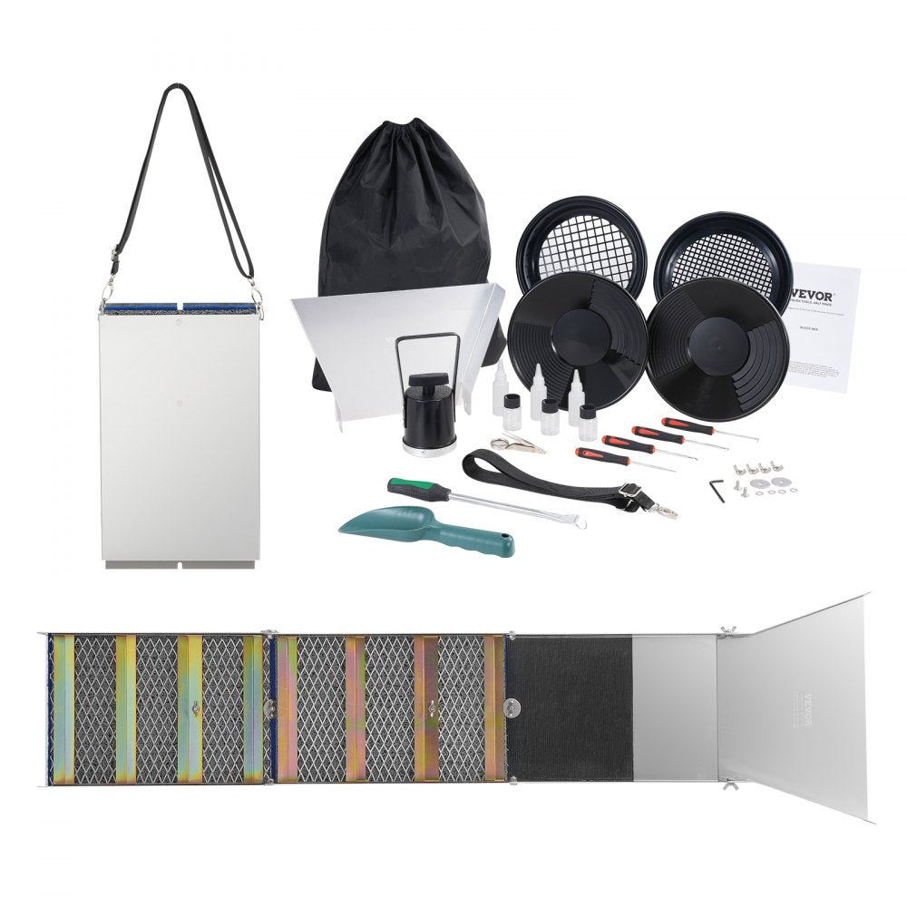 VEVOR Folding Sluice Box Gold Panning Kit,  50 Inch 23pc Gold Prospecting Equipment Kit with Gold Pan, Classifier Screen, Separating Magnet, Backpack and More