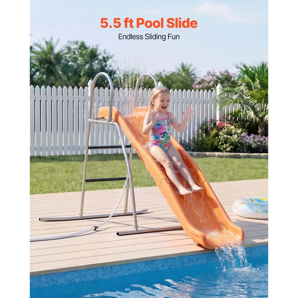 VEVOR Water Slide, 5.5ft Outdoor Waterslide for Kids, Free Standing Pool Wave Slide with 6.5ft Ground Tarp, Built in Adjustable Sprinkler, Metal Plastic Playground Equipment, Platform for Backyard Fun