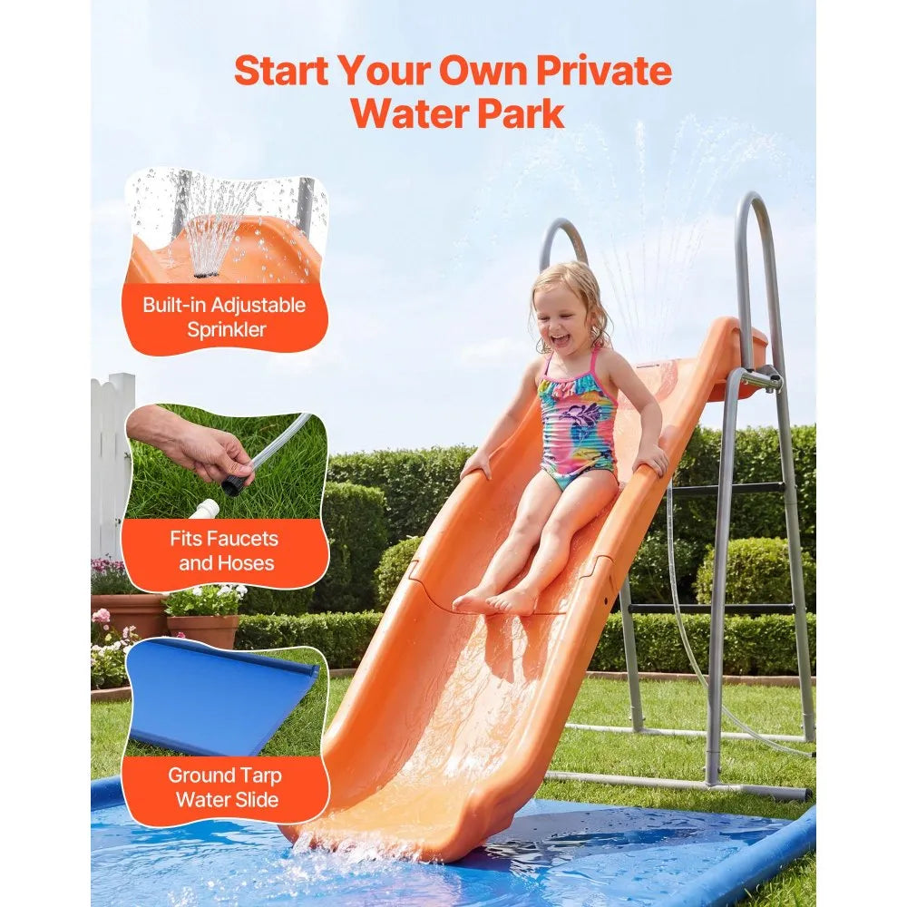 VEVOR Water Slide, 5.5ft Outdoor Waterslide for Kids, Free Standing Pool Wave Slide with 6.5ft Ground Tarp, Built in Adjustable Sprinkler, Metal Plastic Playground Equipment, Platform for Backyard Fun