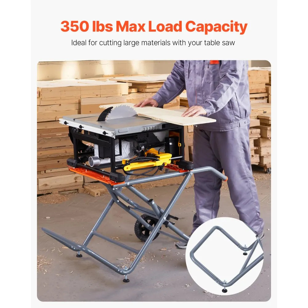 VEVOR Portable Table Saw Stand, 350 lbs Load Capacity, Rolling Foldable Table Saw Table with 8 Inches Rubber Wheels, Heavy Duty Construction, Easy Storage, Universal for Most Brands of Table Saws