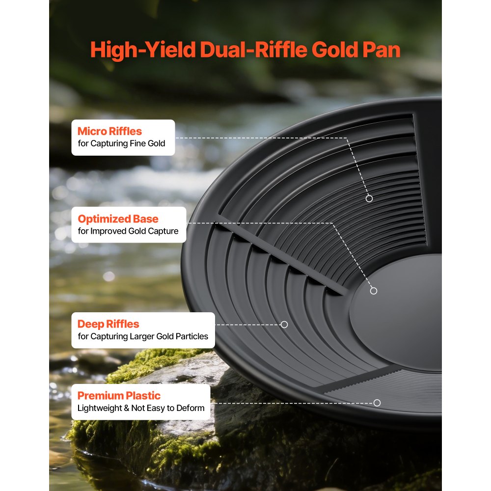 VEVOR Gold Panning Kit, 10 in and 14 in Pans, 19 PCS Portable Prospecting Equipment Kit with Classifier Sieves, Sand Magnet, Rock Pick, Scoops, Backpack, and Accessories, for Outdoor Gold Recovery