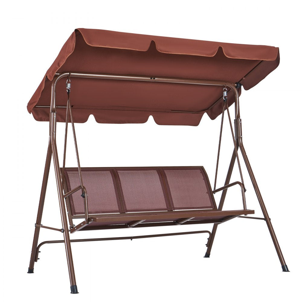 VEVOR 3-Seat Patio Swing Chair, Outdoor Patio Swing with Adjustable Canopy, Porch Swing with Armrests, Teslin Fabric and Alloy Steel Frame, for Balcony, Backyard, Patio, Garden, Poolside, Brown
