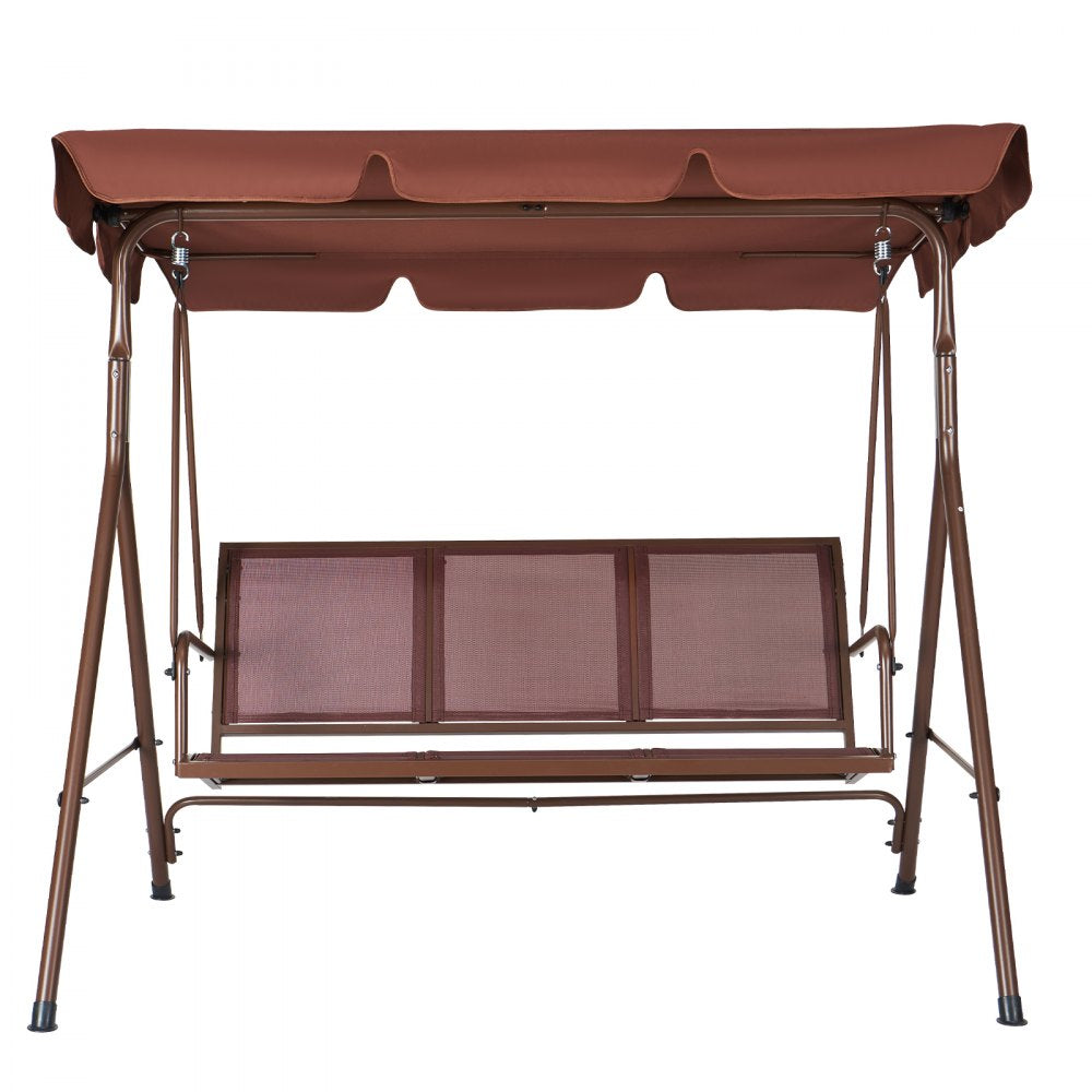 VEVOR 3-Seat Patio Swing Chair, Outdoor Patio Swing with Adjustable Canopy, Porch Swing with Armrests, Teslin Fabric and Alloy Steel Frame, for Balcony, Backyard, Patio, Garden, Poolside, Brown
