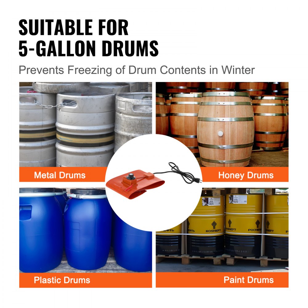 VEVOR Metal Drum Heater, 800 Watt 7.75 inch Width, Pail Heating Band for 5 Gallon Barrel, 86-302℉ Adjustable Thermostat, High Efficiency Silicone Grease Keg Heater, FCC Listed Orange