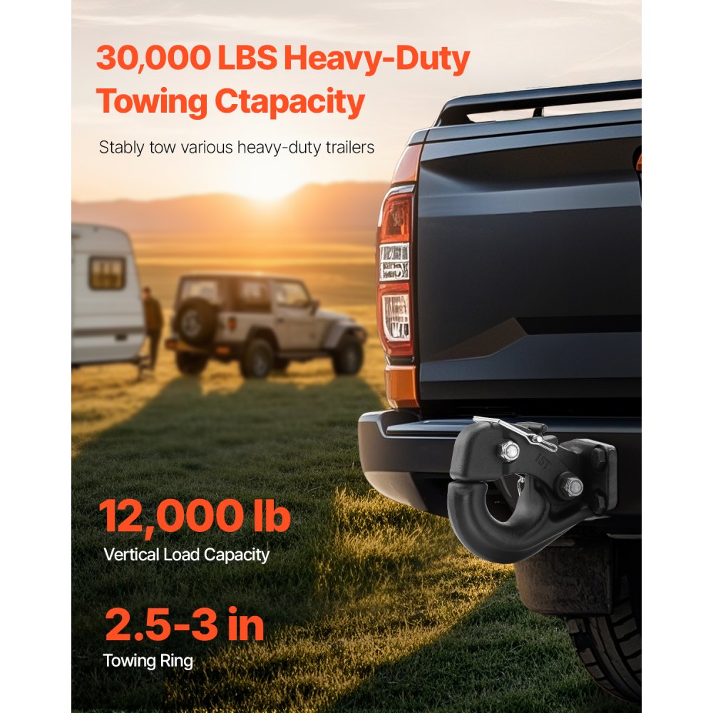 VEVOR Pintle Hook, 30000 lbs Towing Capacity, Trailer Hitches Receiver Hook Fits for 2.5 to 3-inch Lunette Ring with Mounting Kit, Wear-resistant, Black Powder Coat, Suitable for Various Vehicles