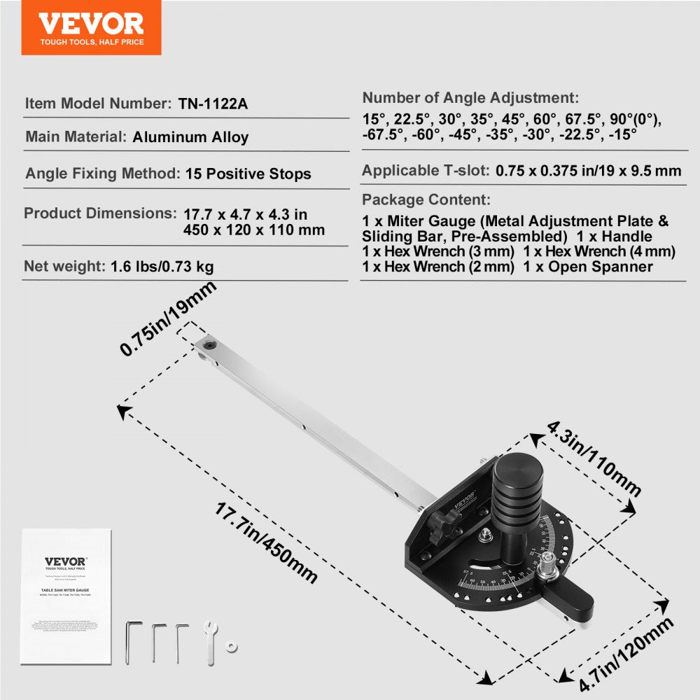 VEVOR Accurate Miter Gauge, Fits Slots 3/4'' x 3/8'', Crafted from Aluminum Alloy, Features 15 Adjustable Angle Stops, Spring-Loaded Plunger & Detachable Disc, Ideal for Woodwork & Table Saws