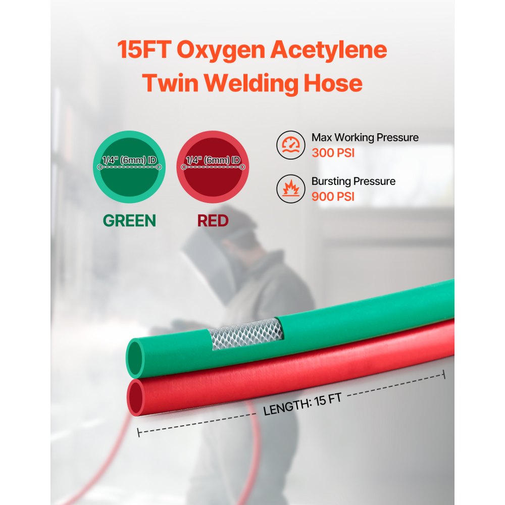 VEVOR Oxygen Acetylene Hose, 1/4-Inch x 15FT Oxy Acetylene Hose with 9/16"-18 B Fitting, 300PSI T Grade Welding Cutting Torch Twin Hose, Compatible with Oxygen, Acetylene, Propane and Other Fuel Gases