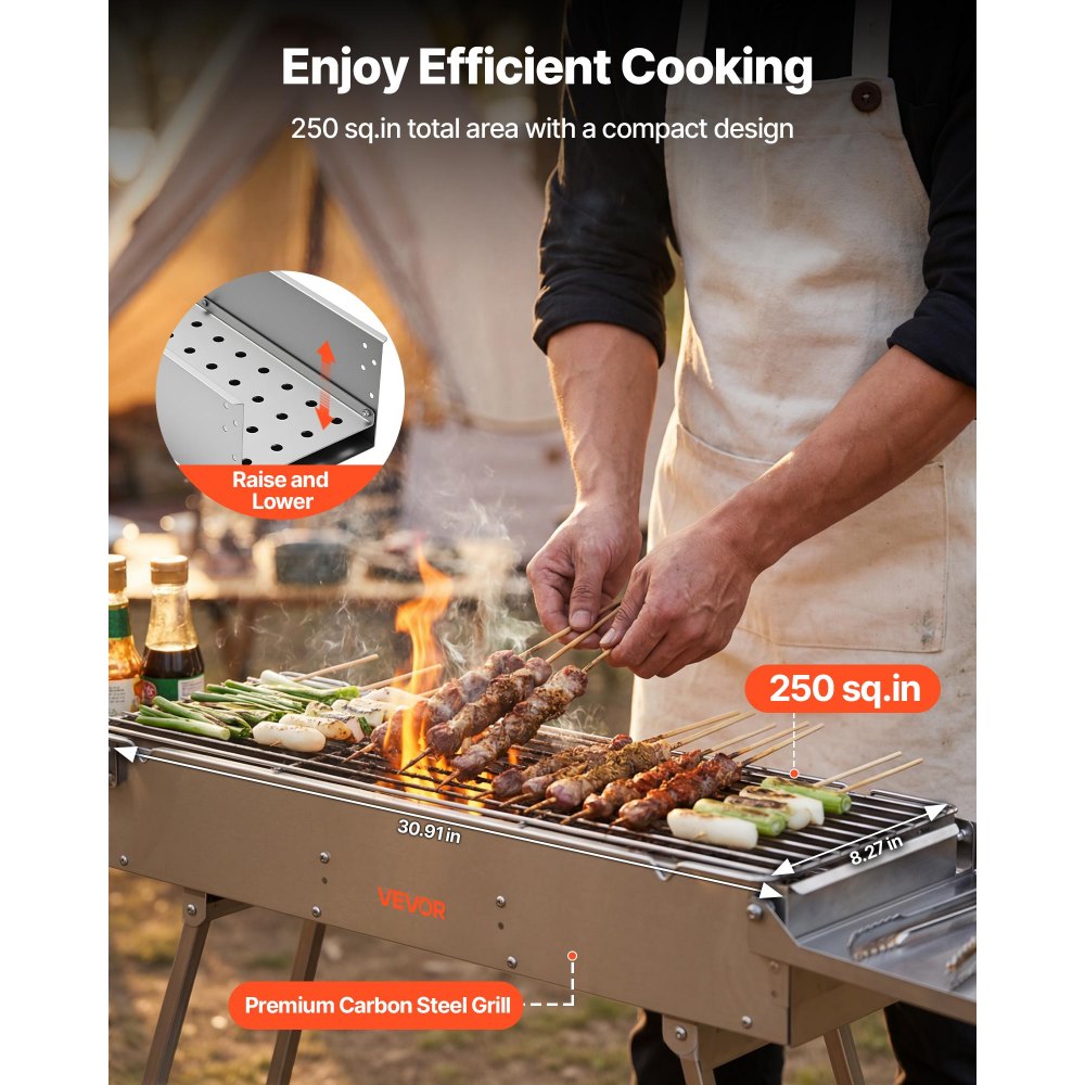 VEVOR Foldable Charcoal Grill, 250 sq.in. Portable Charcoal Barbecue Grill with Liftable Charcoal Tray & Side Tables, Brushed Stainless Steel BBQ Cooking Grills for Outdoor Camping Backyard Parties