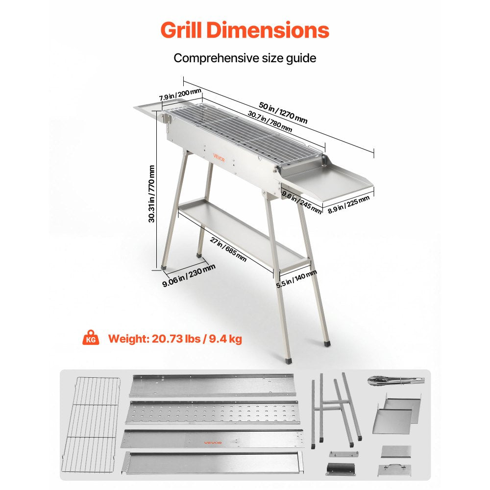 VEVOR Foldable Charcoal Grill, 250 sq.in. Portable Charcoal Barbecue Grill with Liftable Charcoal Tray & Side Tables, Brushed Stainless Steel BBQ Cooking Grills for Outdoor Camping Backyard Parties