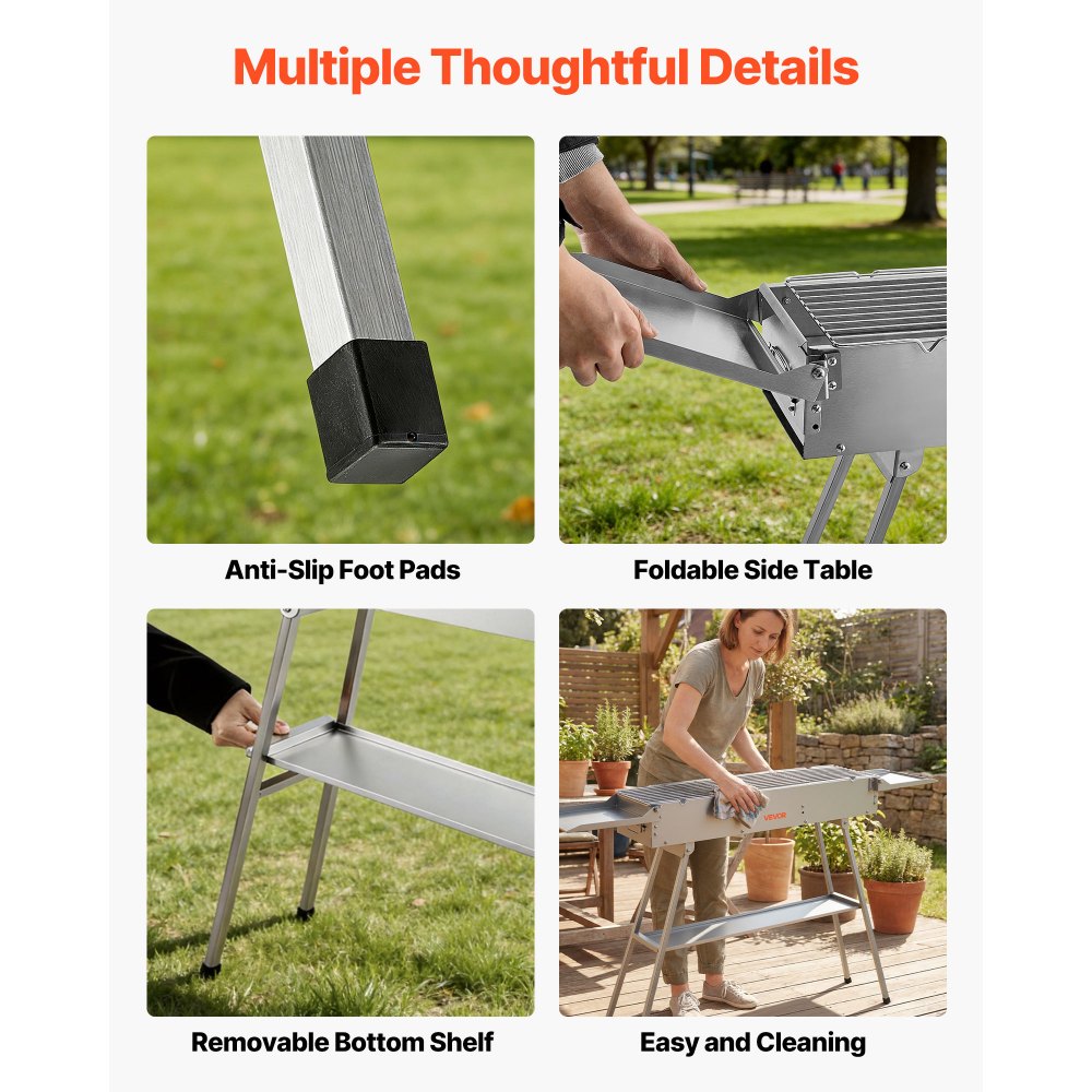 VEVOR Foldable Charcoal Grill, 250 sq.in. Portable Charcoal Barbecue Grill with Liftable Charcoal Tray & Side Tables, Brushed Stainless Steel BBQ Cooking Grills for Outdoor Camping Backyard Parties