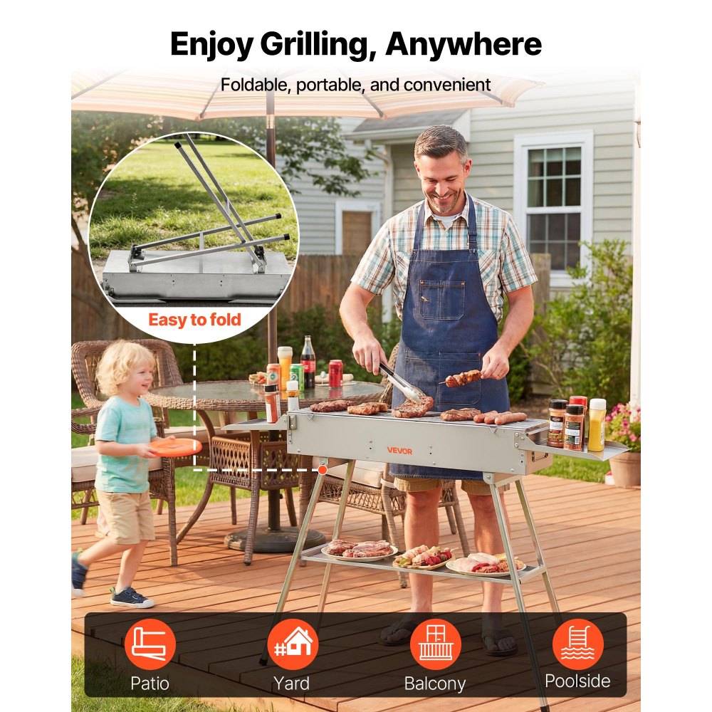 VEVOR Foldable Charcoal Grill, 250 sq.in. Portable Charcoal Barbecue Grill with Liftable Charcoal Tray & Side Tables, Brushed Stainless Steel BBQ Cooking Grills for Outdoor Camping Backyard Parties