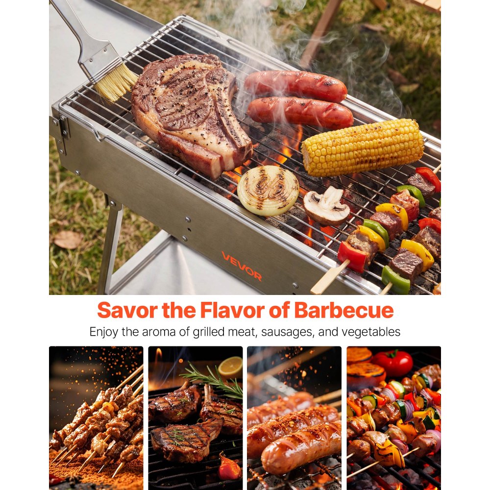 VEVOR Foldable Charcoal Grill, 250 sq.in. Portable Charcoal Barbecue Grill with Liftable Charcoal Tray & Side Tables, Brushed Stainless Steel BBQ Cooking Grills for Outdoor Camping Backyard Parties