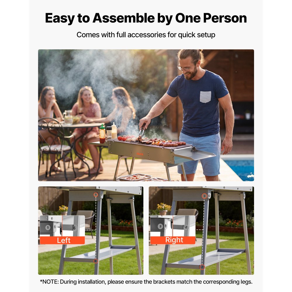 VEVOR Foldable Charcoal Grill, 250 sq.in. Portable Charcoal Barbecue Grill with Liftable Charcoal Tray & Side Tables, Brushed Stainless Steel BBQ Cooking Grills for Outdoor Camping Backyard Parties