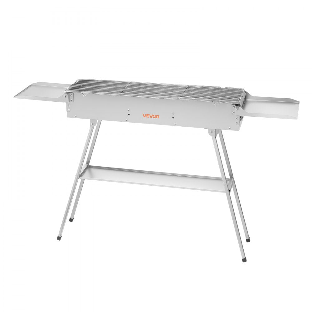 VEVOR Foldable Charcoal Grill, 250 sq.in. Portable Charcoal Barbecue Grill with Liftable Charcoal Tray & Side Tables, Brushed Stainless Steel BBQ Cooking Grills for Outdoor Camping Backyard Parties