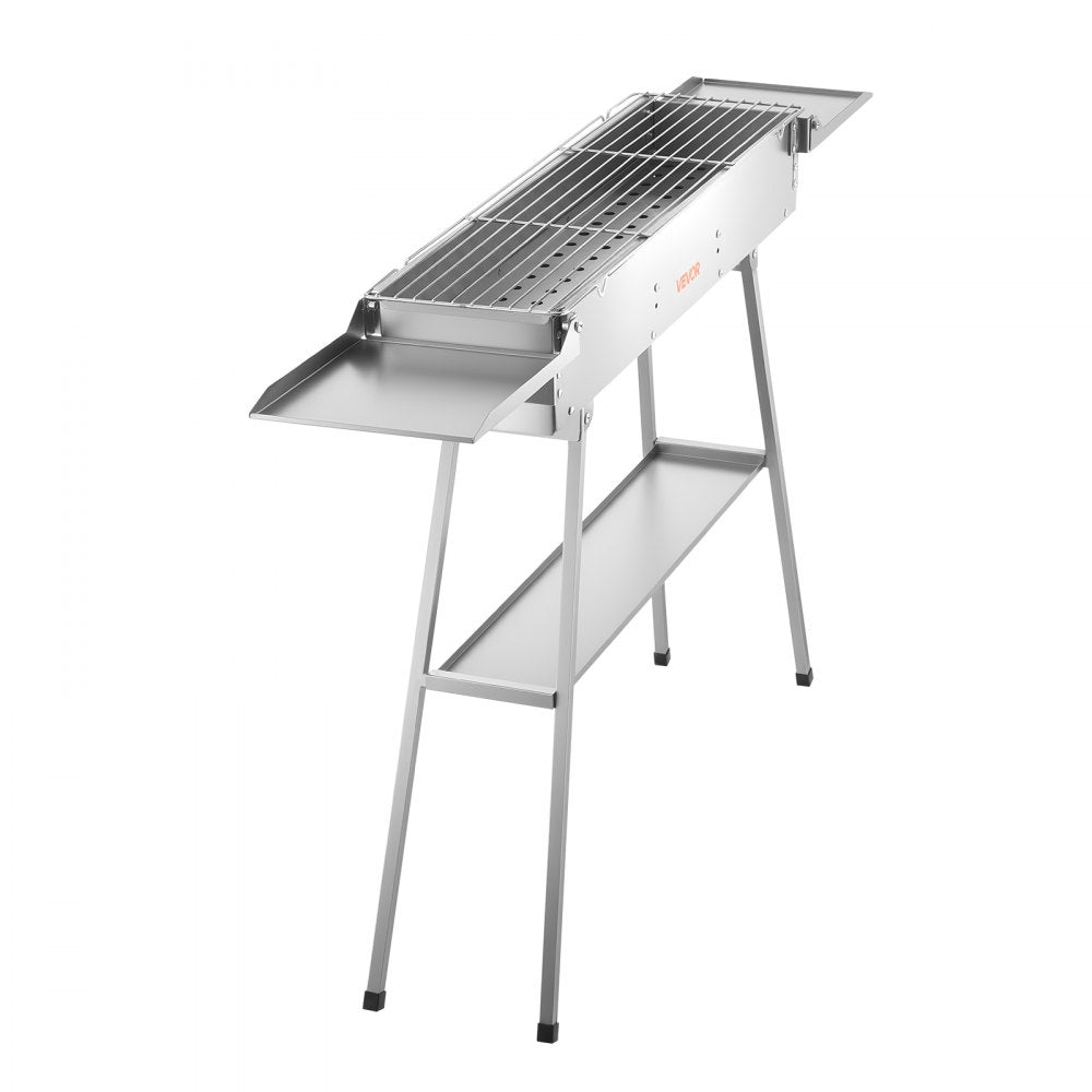 VEVOR Foldable Charcoal Grill, 250 sq.in. Portable Charcoal Barbecue Grill with Liftable Charcoal Tray & Side Tables, Brushed Stainless Steel BBQ Cooking Grills for Outdoor Camping Backyard Parties