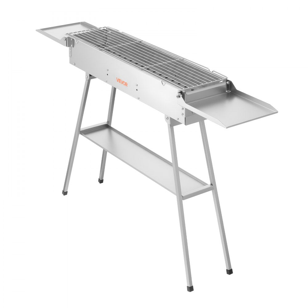 VEVOR Foldable Charcoal Grill, 250 sq.in. Portable Charcoal Barbecue Grill with Liftable Charcoal Tray & Side Tables, Brushed Stainless Steel BBQ Cooking Grills for Outdoor Camping Backyard Parties
