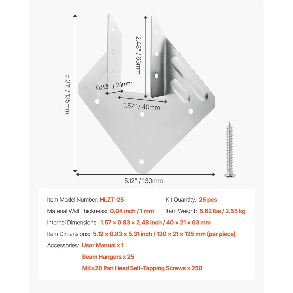 VEVOR Hurricane Ties for Rafter, Inner Size 5.31x1.57x2.48 in / 135x40x63 mm, Heavy Duty Hurricane Straps, Heavy Duty Rafter Ties Brackets Joist Hangers for Roof Beam Wooden Construction, 25 Pcs