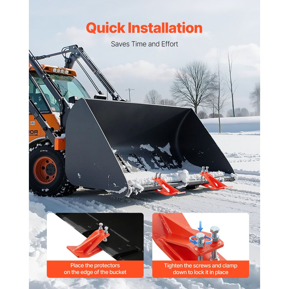 VEVOR Tractor Bucket Protector, 2PCS Heavy Duty Steel Bucket Edge Protectors, Edge Tamer Anti-Skid Device with Double Hexagon Lock Nuts and Bolts, for Snow, Leave Removal & Spreading Gravel (Orange)