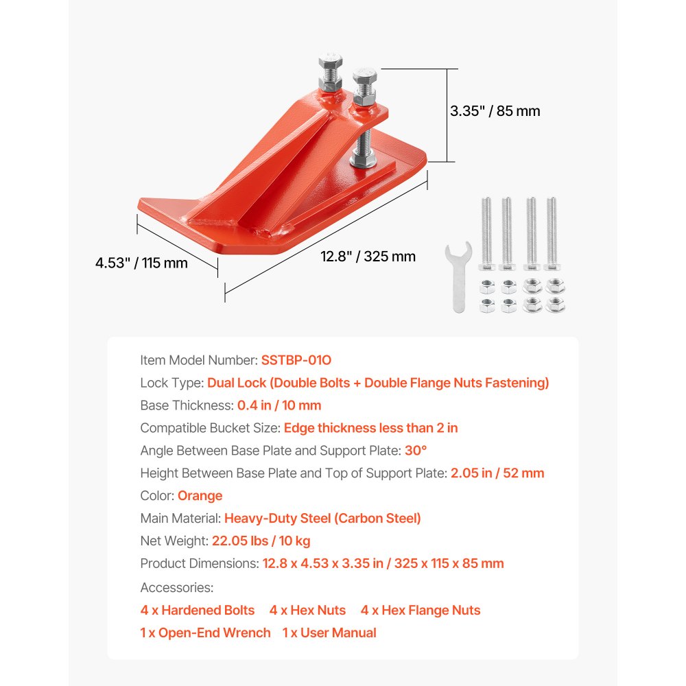 VEVOR Tractor Bucket Protector, 2PCS Heavy Duty Steel Bucket Edge Protectors, Edge Tamer Anti-Skid Device with Double Hexagon Lock Nuts and Bolts, for Snow, Leave Removal & Spreading Gravel (Orange)
