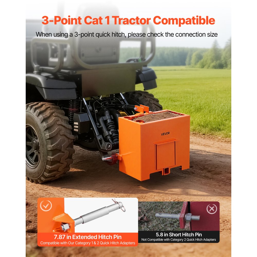VEVOR Ballast Box, 3-Point Category 1 Tractor Ballast of 800 lbs Capacity, Standard 2 Inch Hitch Receiver, Heavy-Duty Steel 3.2 ft³ Large Volume Durable Loader Attachment with Sliding Door, Orange
