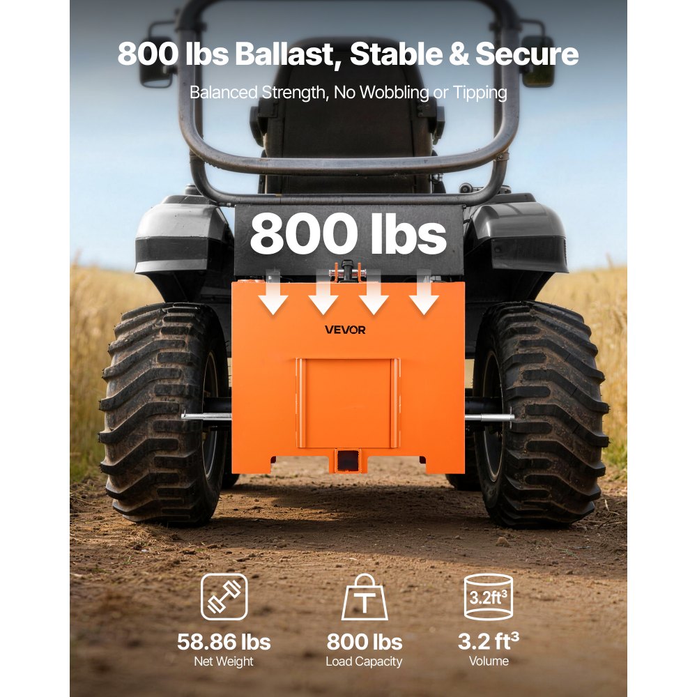 VEVOR Ballast Box, 3-Point Category 1 Tractor Ballast of 800 lbs Capacity, Standard 2 Inch Hitch Receiver, Heavy-Duty Steel 3.2 ft³ Large Volume Durable Loader Attachment with Sliding Door, Orange
