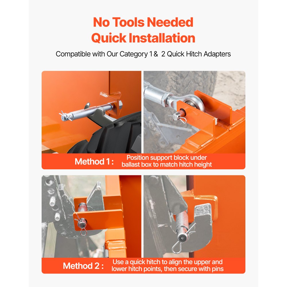 VEVOR Ballast Box, 3-Point Category 1 Tractor Ballast of 800 lbs Capacity, Standard 2 Inch Hitch Receiver, Heavy-Duty Steel 3.2 ft³ Large Volume Durable Loader Attachment with Sliding Door, Orange