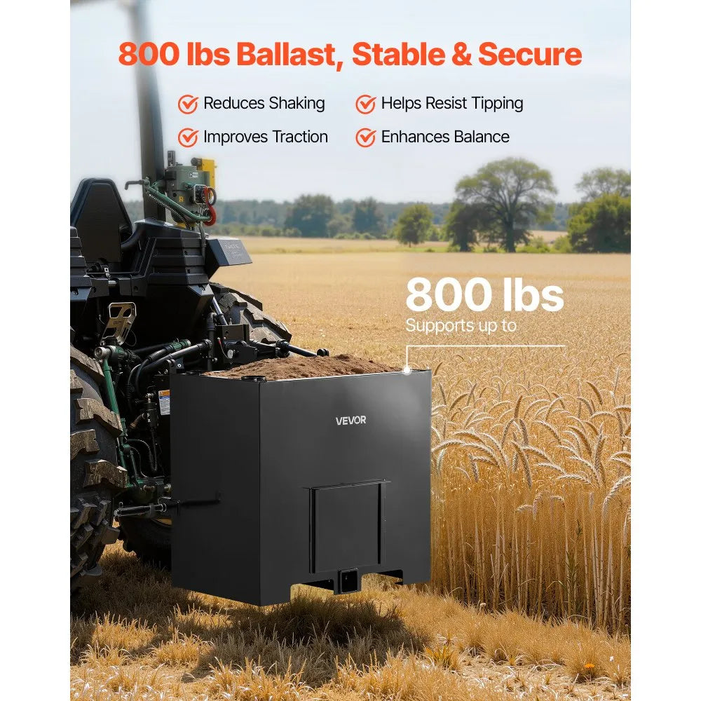 VEVOR Ballast Box, 3-Point Category 1 Tractor Ballast of 800 lbs Capacity, with Standard 2 Inch Hitch Receiver, Heavy-Duty Steel 5 ft³ Large Volume Durable Loader Attachment with Sliding Door, Black