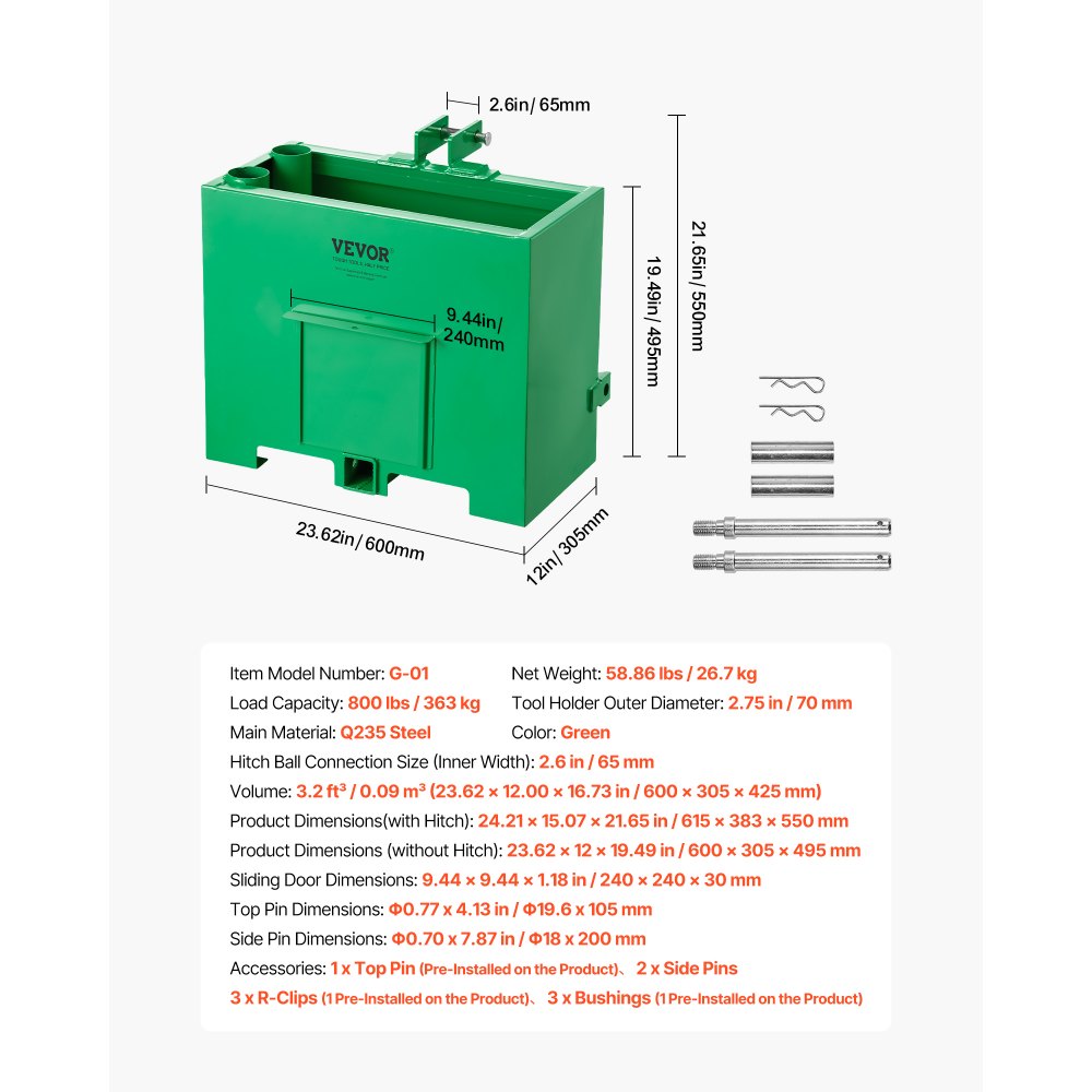 VEVOR Ballast Box, 3-Point Category 1 Tractor Ballast of 800 lbs Capacity, with Standard 2 Inch Hitch Receiver, Heavy-Duty Steel 3.2 ft³ Large Volume Durable Loader Attachment with Sliding Door, Green