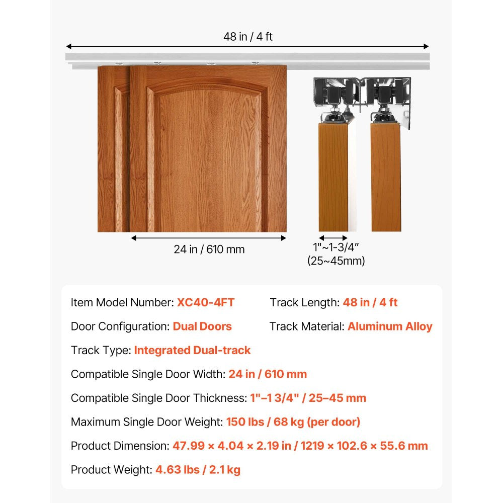 VEVOR Bypass Sliding Door Hardware Kit, 4 ft Aluminum Alloy Dual-Track Bypass Door Hardware, Smooth and Quiet Sliding, Easy to Install, for 1" to 1 3/4" Thickness 24" Width 2 Door System, for Closet