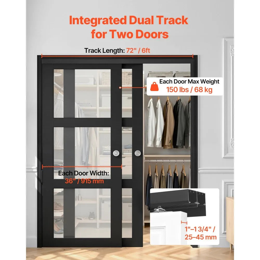 VEVOR Bypass Sliding Door Hardware Kit, 6 ft Aluminum Alloy Dual-Track Bypass Door Hardware, Smooth and Quiet Sliding, Easy to Install, for 1" to 1 3/4" Thickness 36" Width 2 Door System, for Closet