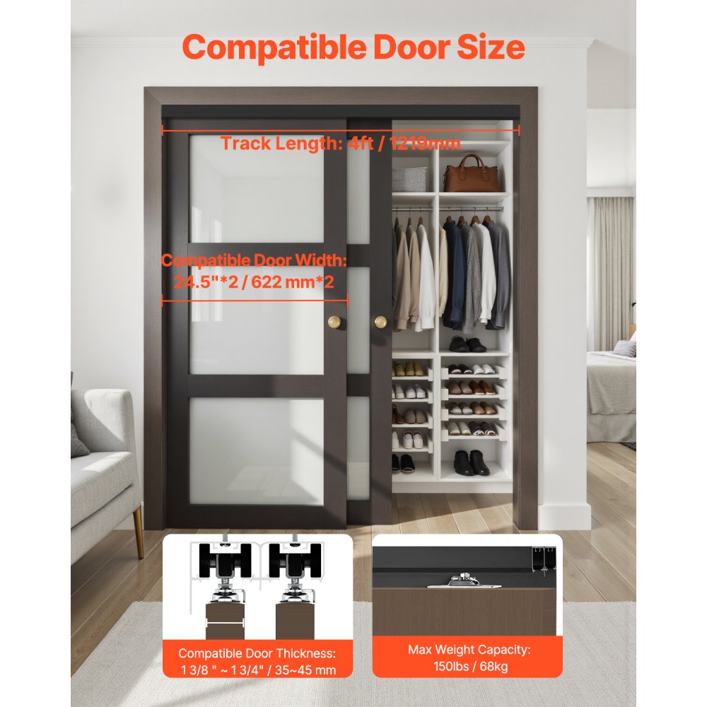 VEVOR Bypass Door Hardware, 4ft Heavy Duty Bypass Sliding Door Hardware Kit, Aluminum Alloy Sliding Closet Door Hardware Set with Finger Pulls, for 2 Door System, Fit Door Thickness 1 3/8 " - 1 3/4"