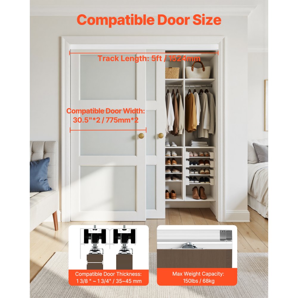 VEVOR Bypass Door Hardware, 5ft Heavy Duty Bypass Sliding Door Hardware Kit, Aluminum Alloy Sliding Closet Door Hardware Set for 2 Door System, Fit Door Thickness 1 3/8 " - 1 3/4", Easy to Install