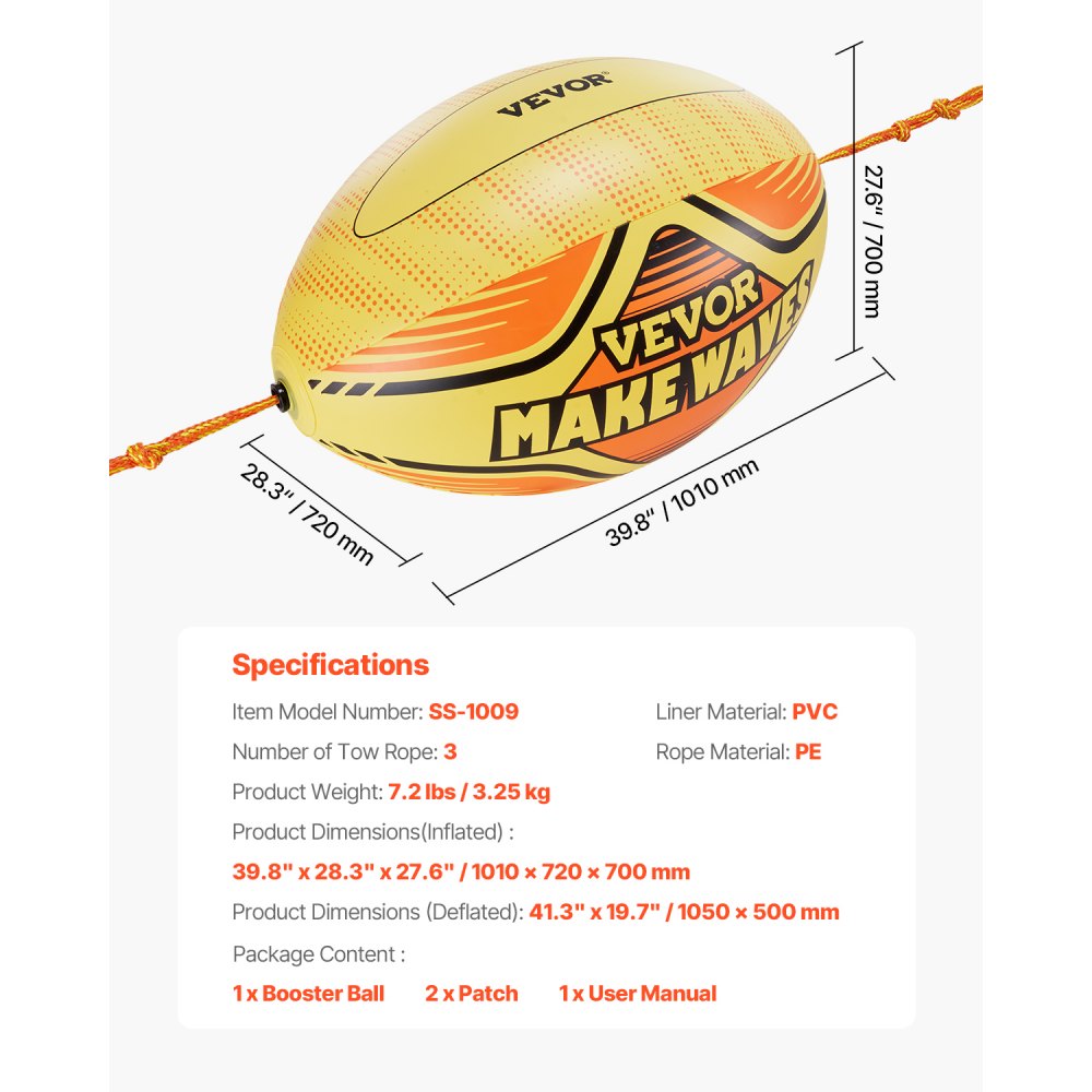 VEVOR Booster Ball, Towable Tube Rope Performance Ball, Thickened PVC Inflatable Booster Balls for Boating and Water Sports - with High Tensile Strength Rope and Speed Safety Valve