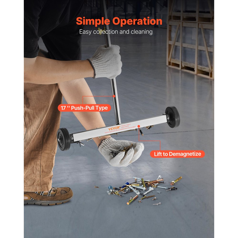 VEVOR Magnetic Sweeper with Wheels, 17 inch, 10 lbs Load Capacity, Lightweight Magnetic Pickup Sweeper with Adjustable Handle, Pick Up Nails and Screws, Easy Cleanup for Garages, Roofing Projects