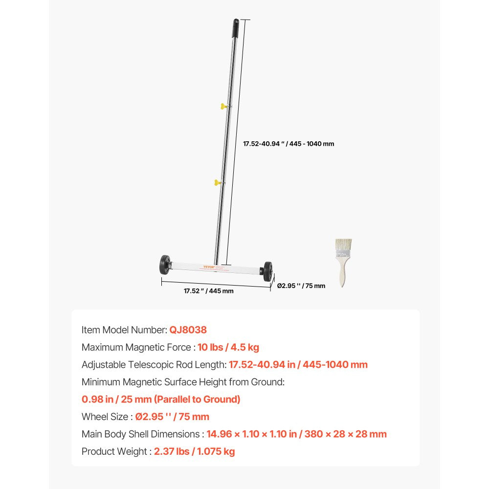 VEVOR Magnetic Sweeper with Wheels, 17 inch, 10 lbs Load Capacity, Lightweight Magnetic Pickup Sweeper with Adjustable Handle, Pick Up Nails and Screws, Easy Cleanup for Garages, Roofing Projects