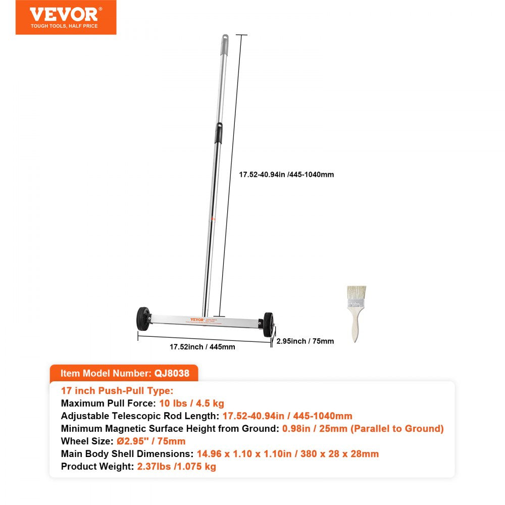 VEVOR Magnetic Sweeper with Wheels, 17inch Mini Magnetic Sweeper, 10 lbs Capacity, Adjustable Handle, Lightweight Magnetic Pickup Sweeper to Pick Up Nails and Screws, Easy Cleanup of Workshop Garage