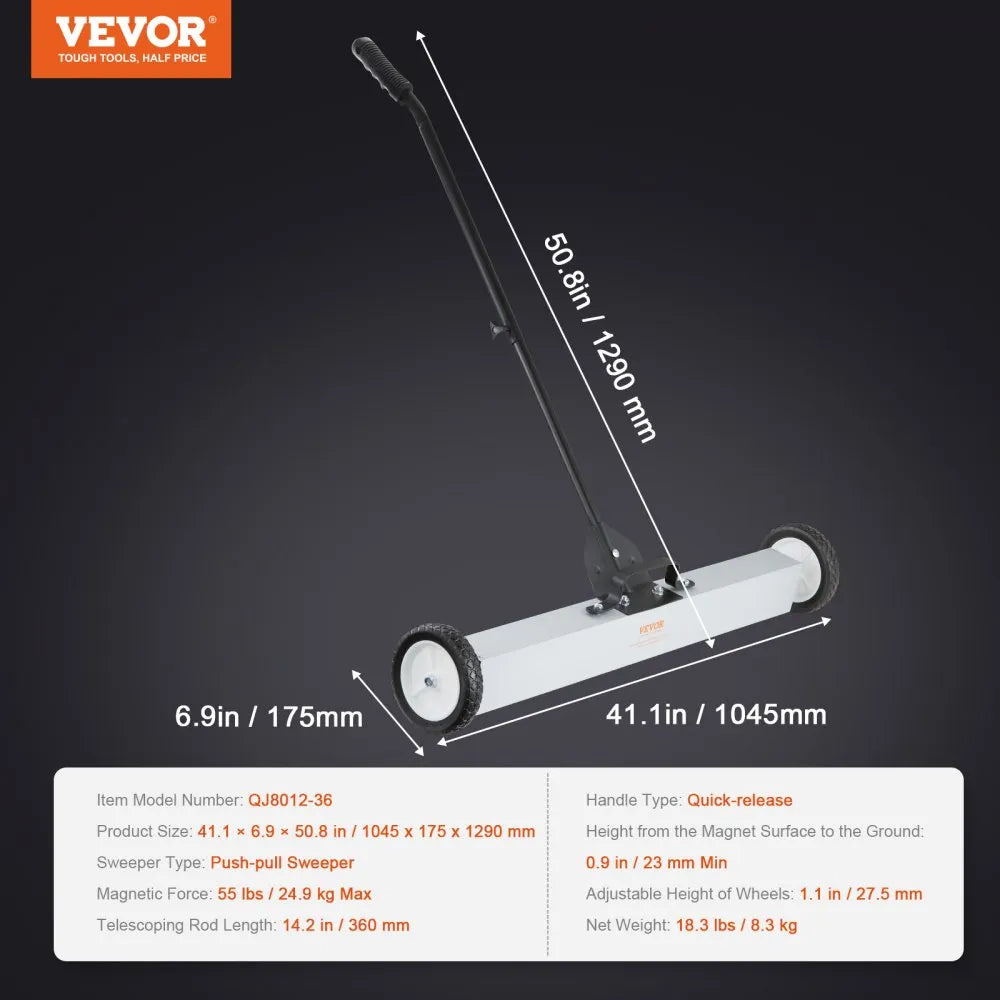 VEVOR 55Lbs Rolling Magnetic Sweeper with Wheels,Push-Type Magnetic Pick Up Sweeper, 36-inch Large Magnet Pickup Lawn Sweeper with Telescoping Handle, Easy Cleanup of Workshop Garage Yard
