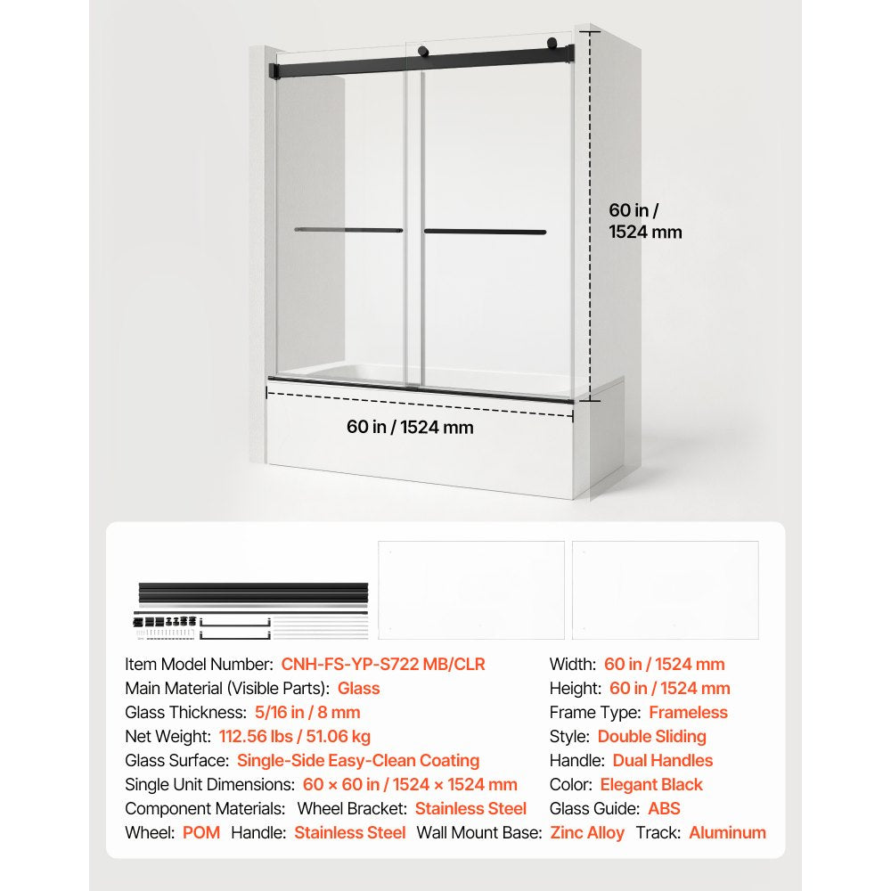 VEVOR Bathtub Shower Door 60"W x 60"H Frameless Bypass Sliding Doors Black, 5/16" Clear Tempered Glass, Double Sliding Tub Shower Doors with 2 Stainless Steel Handles, Nano Coating, for Bathroom Tubs