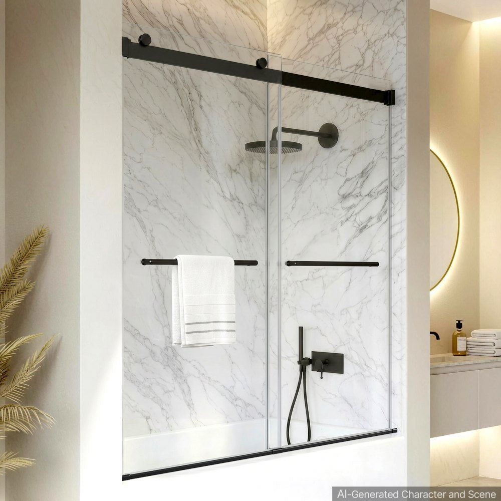 VEVOR Bathtub Shower Door 60"W x 60"H Frameless Bypass Sliding Doors Black, 5/16" Clear Tempered Glass, Double Sliding Tub Shower Doors with 2 Stainless Steel Handles, Nano Coating, for Bathroom Tubs