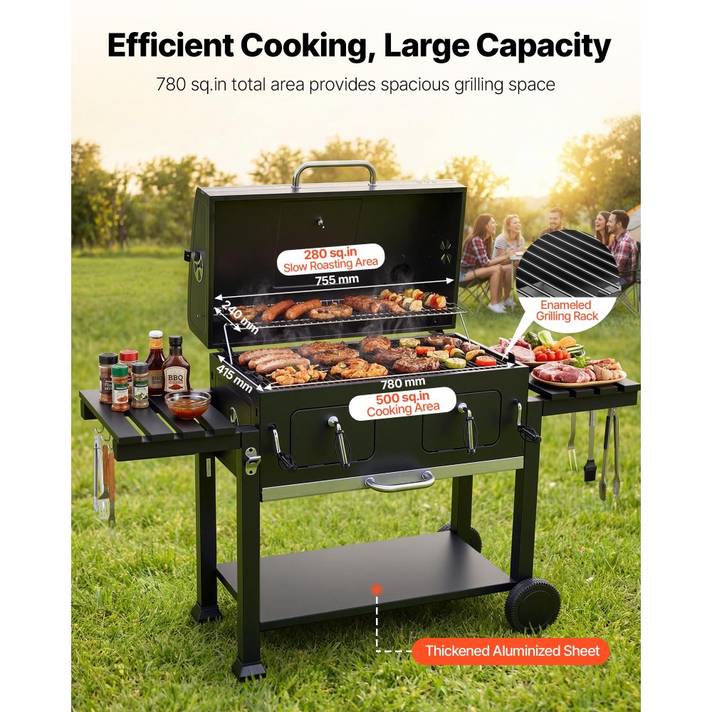 VEVOR Charcoal Grill, 780 sq.in. Extra-Large Charcoal Barbecue Grill with 2 Liftable Charcoal Trays & Folding Side Tables, High-Temp Powder-Coated Steel BBQ Cooking Grills for Patio Backyard Parties